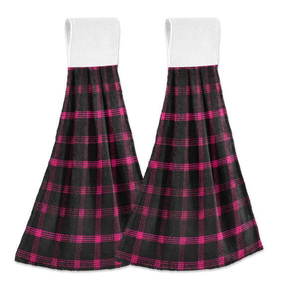 Dailycode Kitchen Wash Cloths with Hanging Loops Absorbent Absorbent Quick Drying Hand Towels, 2 Pack, Black Pink Plaid