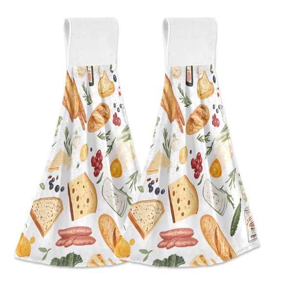 Dailycode Kitchen Wash Cloths with Hanging Loops Absorbent Absorbent Quick Drying Hand Towels, 2 Pack, Bread Vegetables Wine