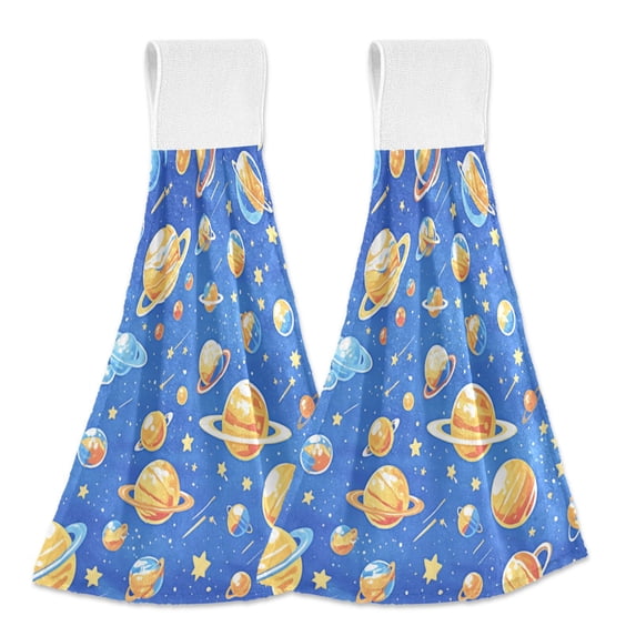 Dailycode Kitchen Wash Cloths with Hanging Loops Absorbent Absorbent Quick Drying Hand Towels, 2 Pack, Cartoon Planets and Shooting Stars