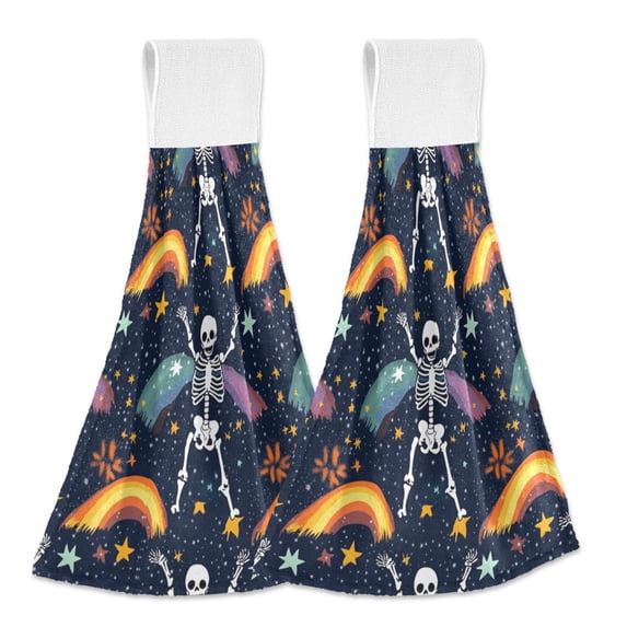 Dailycode Kitchen Wash Cloths with Hanging Loops Absorbent Absorbent Quick Drying Hand Towels, 2 Pack, Cute Skeletons Rainbows Stars