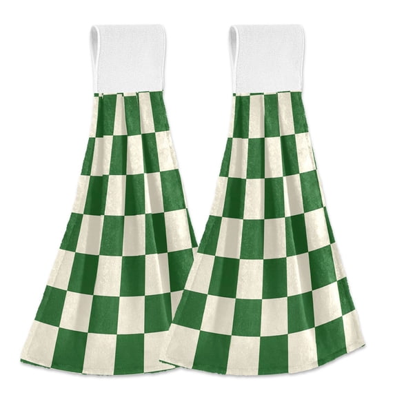 Dailycode Kitchen Wash Cloths with Hanging Loops Absorbent Absorbent Quick Drying Hand Towels, 2 Pack, Green and White Checkerboard
