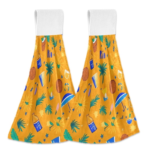 Dailycode Kitchen Wash Cloths with Hanging Loops Absorbent Absorbent Quick Drying Hand Towels, 2 Pack, Leaf Umbrellas Beer Ball