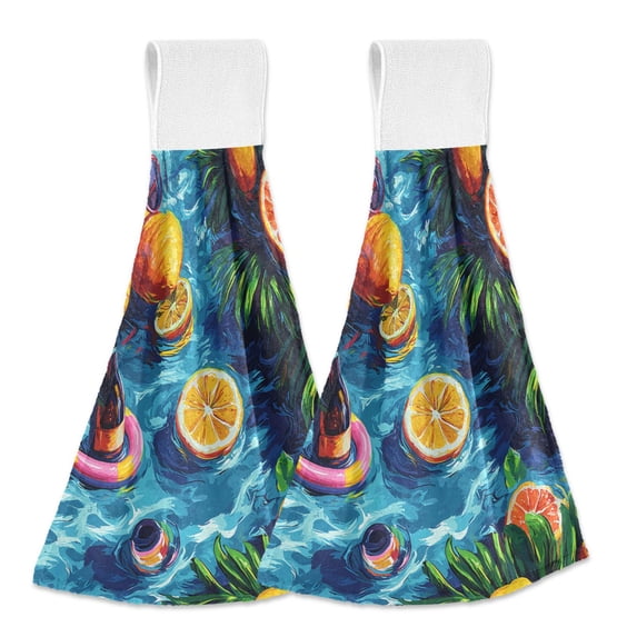 Dailycode Kitchen Wash Cloths with Hanging Loops Absorbent Absorbent Quick Drying Hand Towels, 2 Pack, Lemons Wine Leaves on Water