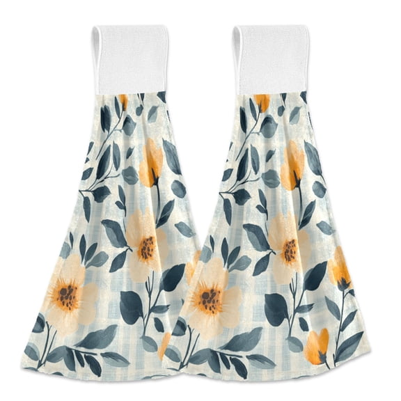 Dailycode Kitchen Wash Cloths with Hanging Loops Absorbent Absorbent Quick Drying Hand Towels, 2 Pack, Peach Flowers with Gingham