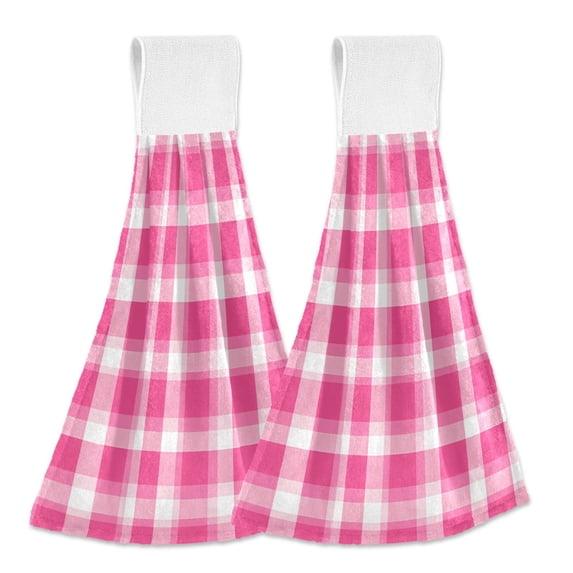 Dailycode Kitchen Wash Cloths with Hanging Loops Absorbent Absorbent Quick Drying Hand Towels, 2 Pack, Pink White Plaid