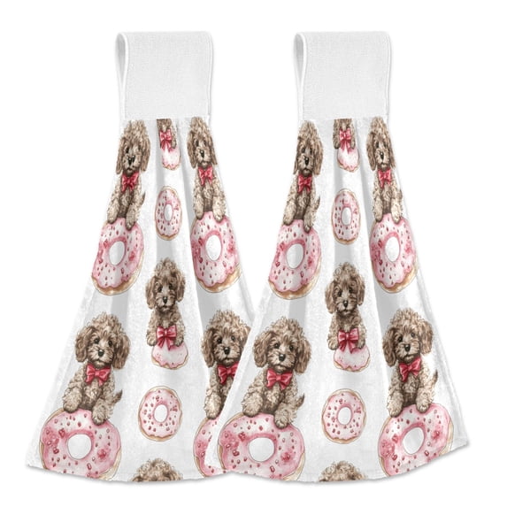 Dailycode Kitchen Wash Cloths with Hanging Loops Absorbent Absorbent Quick Drying Hand Towels, 2 Pack, Puppies Bow Donut