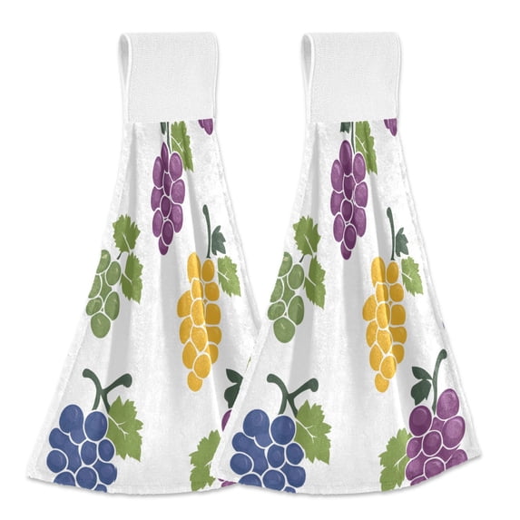 Dailycode Kitchen Wash Cloths with Hanging Loops Absorbent Absorbent Quick Drying Hand Towels, 2 Pack, Purple Yellow Green Grapes