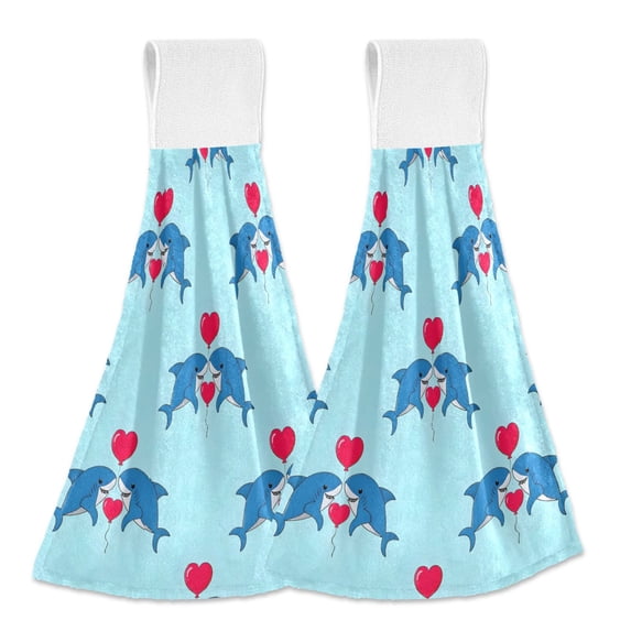 Dailycode Kitchen Wash Cloths with Hanging Loops Absorbent Absorbent Quick Drying Hand Towels, 2 Pack, Shark with Love Balloon