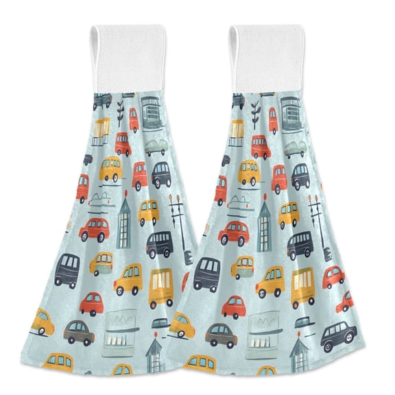 Dailycode Kitchen Wash Cloths with Hanging Loops Absorbent Absorbent Quick Drying Hand Towels, 2 Pack, Skyscraper Car Tree