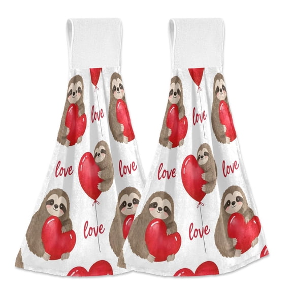 Dailycode Kitchen Wash Cloths with Hanging Loops Absorbent Absorbent Quick Drying Hand Towels, 2 Pack, Sloth with Love Balloon