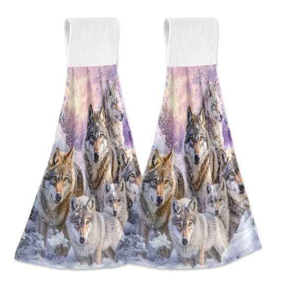Dailycode Kitchen Wash Cloths with Hanging Loops Absorbent Absorbent Quick Drying Hand Towels, 2 Pack, Snow Wolf Family