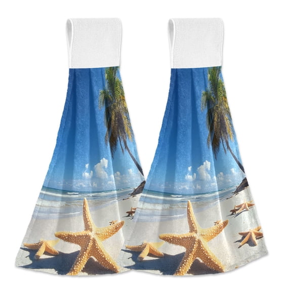 Dailycode Kitchen Wash Cloths with Hanging Loops Absorbent Absorbent Quick Drying Hand Towels, 2 Pack, Starfish Beach Coconut Tree