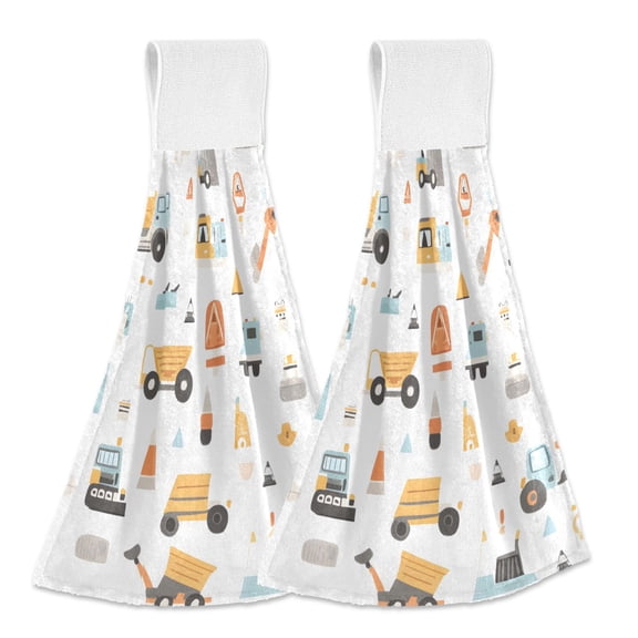 Dailycode Kitchen Wash Cloths with Hanging Loops Absorbent Absorbent Quick Drying Hand Towels, 2 Pack, Truck Construction