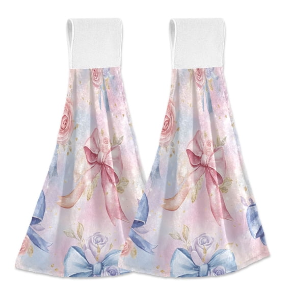 Dailycode Kitchen Wash Cloths with Hanging Loops Absorbent Absorbent Quick Drying Hand Towels, 2 Pack, Watercolor Bow and Rose Flower
