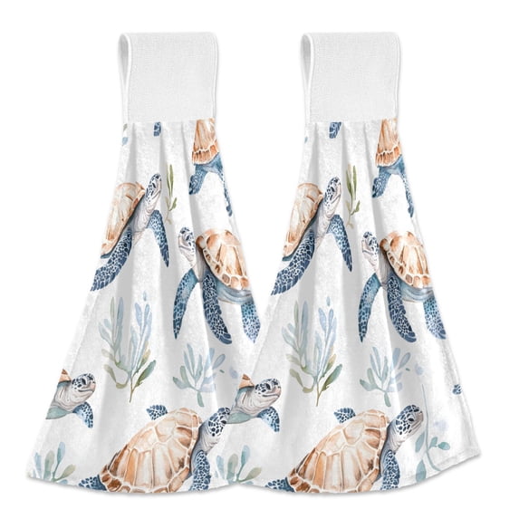 Dailycode Kitchen Wash Cloths with Hanging Loops Absorbent Absorbent Quick Drying Hand Towels, 2 Pack, Watercolor Turtle Waterweed