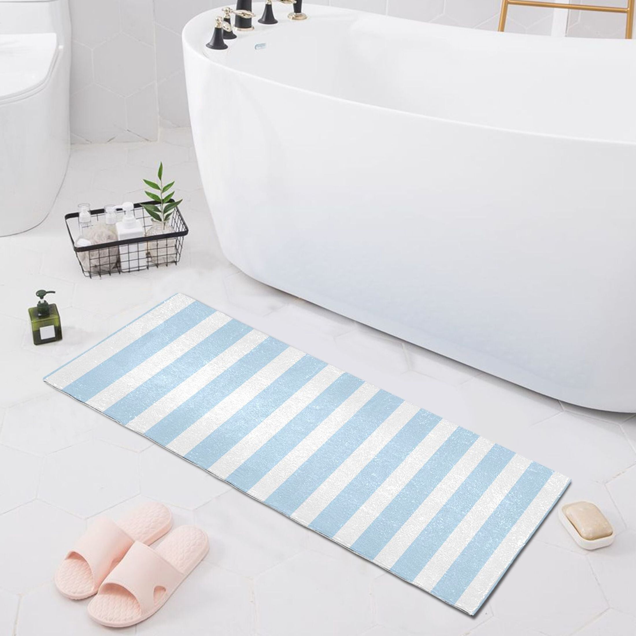 Dailycode Light Blue and White Stripes Bathroom Rugs Non Slip Absorbent Soft Plush Quick Dry Bath Mat, 39"x20"