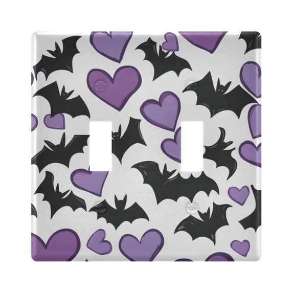 Dailycode Light Switch Plate Covers 2 Gang Wall Plate Plastics Outlet Covers for Kitchen Home Office Decor Black Bats and Purple Heart