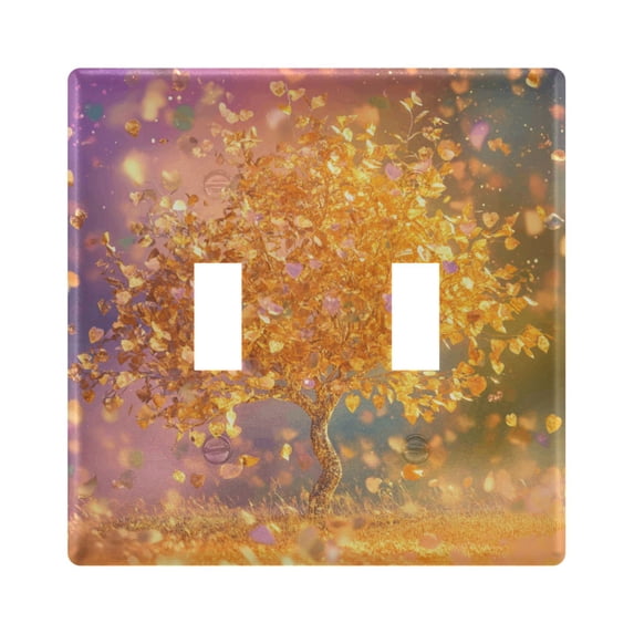 Dailycode Light Switch Plate Covers 2 Gang Wall Plate Plastics Outlet Covers for Kitchen Home Office Decor Golden Tree with Leaves Falling