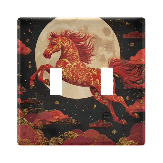 Dailycode Light Switch Plate Covers 2 Gang Wall Plate Plastics Outlet Covers for Kitchen Home Office Decor Red Horse Galloping under Moon