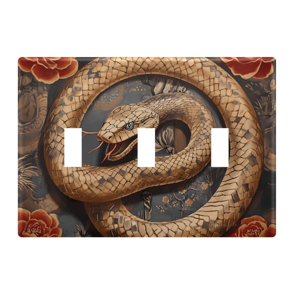 Dailycode Light Switch Plate Covers 3 Gang Wall Plate Plastics Outlet Covers for Kitchen Home Office Decor Golden Snake and Rose