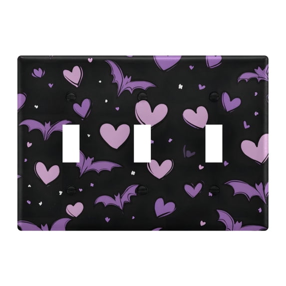 Dailycode Light Switch Plate Covers 3 Gang Wall Plate Plastics Outlet Covers for Kitchen Home Office Decor Purple Hearts and Bats
