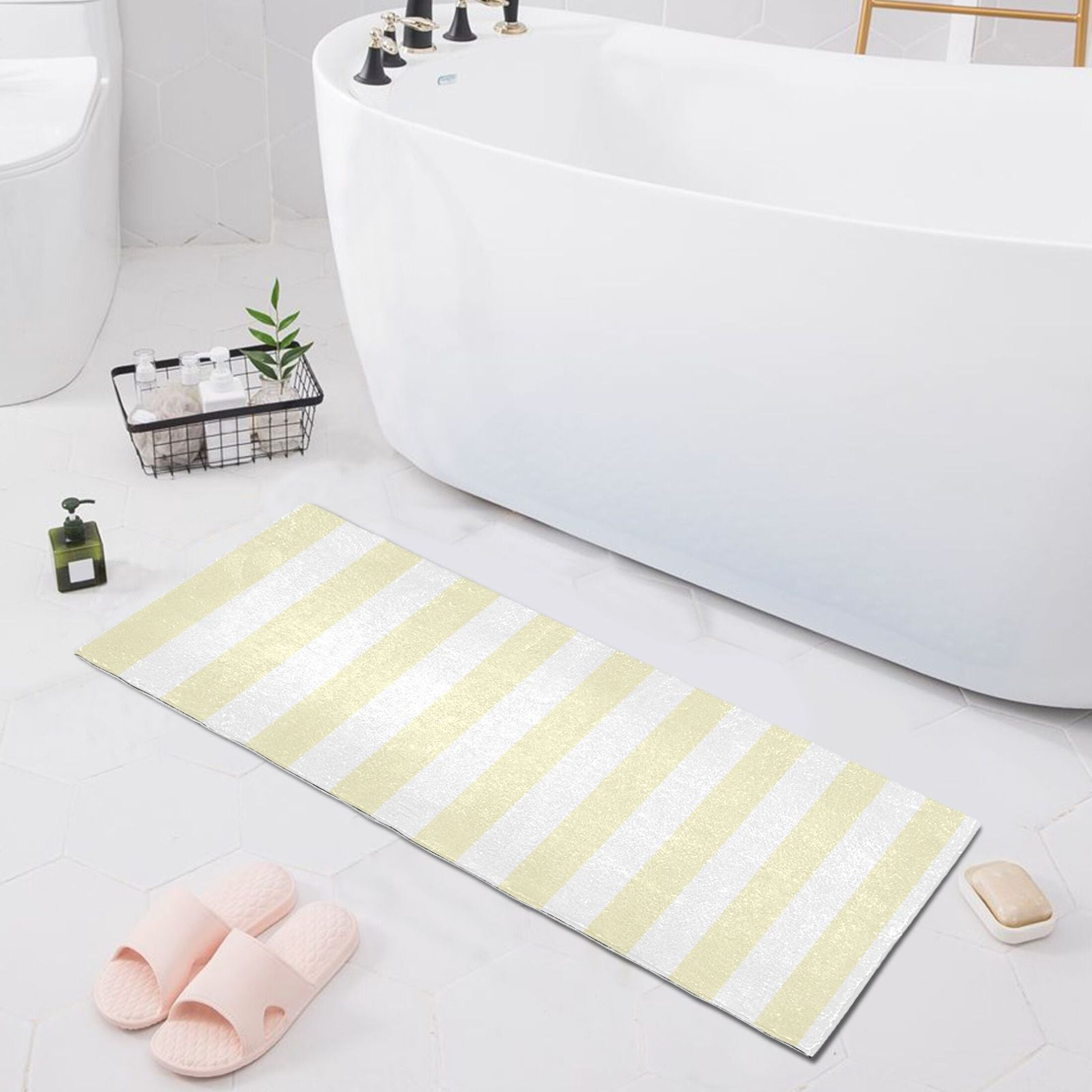 Dailycode Light Yellow and White Stripes Bathroom Rugs Non Slip Absorbent Soft Plush Quick Dry Bath Mat, 39"x20"
