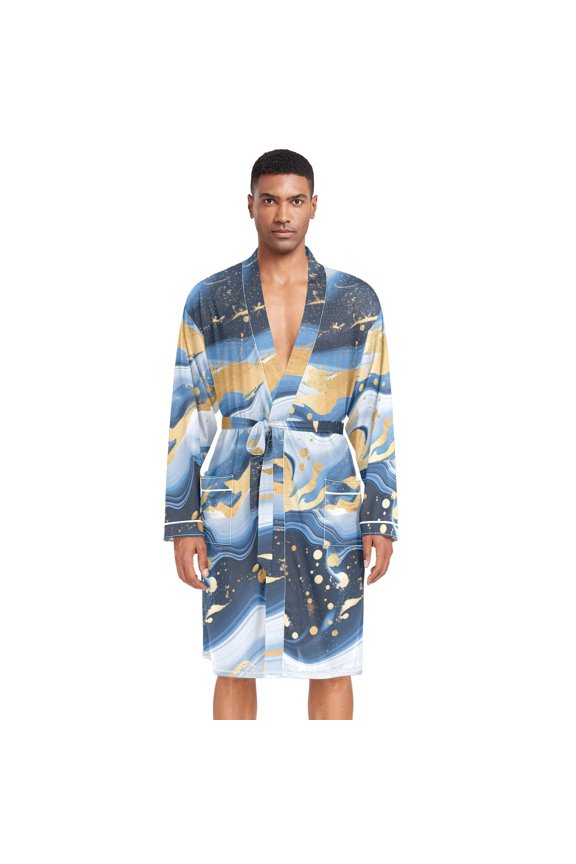 Men Robe Lightweight Soft Bathrobes Kimono Nightgown Abstract Blue Gold Marble