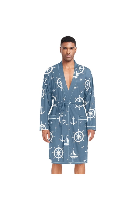 Men Robe Lightweight Soft Bathrobes Kimono Nightgown Anchors and Rudders