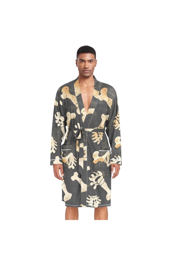 Men Robe Lightweight Soft Bathrobes Kimono Nightgown Animal Footprints and Bones