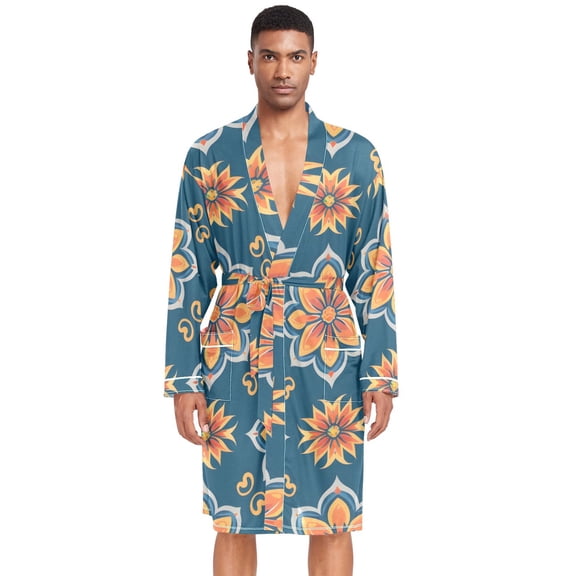 Dailycode Men Robe Lightweight Soft Bathrobes Kimono Nightgown Arabesque Floral Flowers