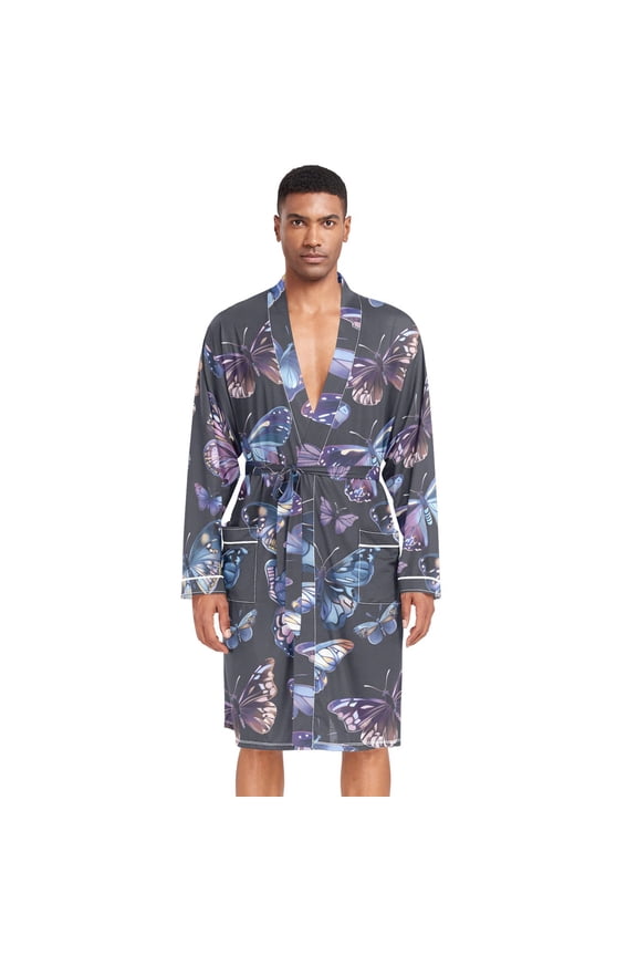 Men Robe Lightweight Soft Bathrobes Kimono Nightgown Beautiful Watercolor Butterflies