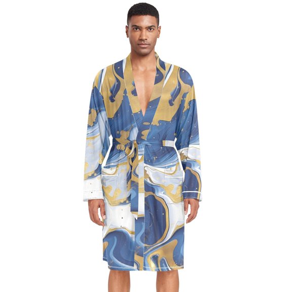 Dailycode Men Robe Lightweight Soft Bathrobes Kimono Nightgown Blue Gold Marble