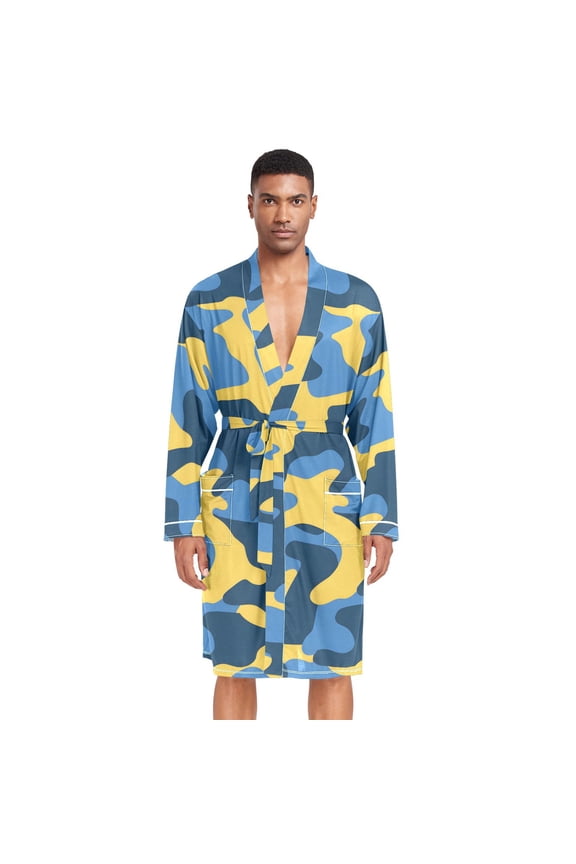 Men Robe Lightweight Soft Bathrobes Kimono Nightgown Blue and Yellow Camouflage