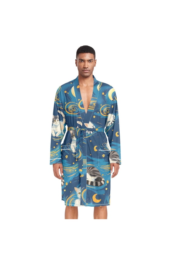 Men Robe Lightweight Soft Bathrobes Kimono Nightgown Cartoon Cats and Starry Sky