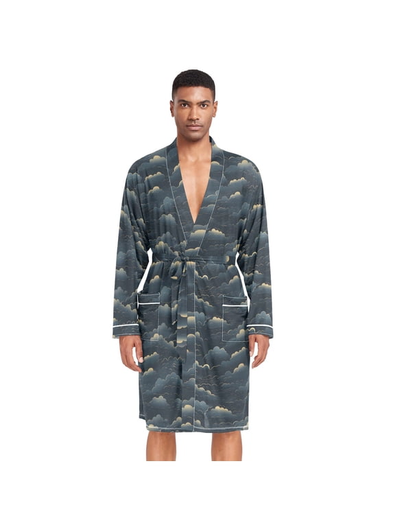 Men Robe Lightweight Soft Bathrobes Kimono Nightgown Cartoon Dark Clouds