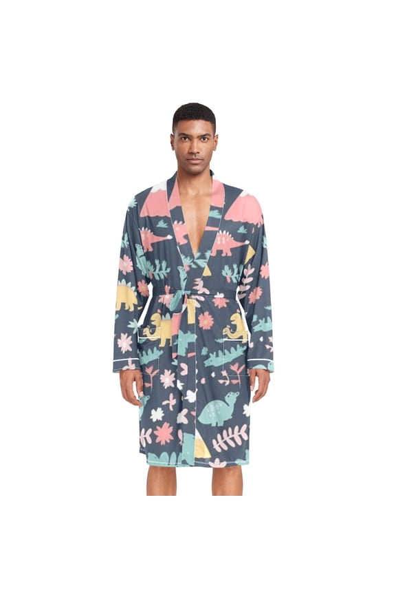 Men Robe Lightweight Soft Bathrobes Kimono Nightgown Cartoon Dinosaur Leaf Mountain
