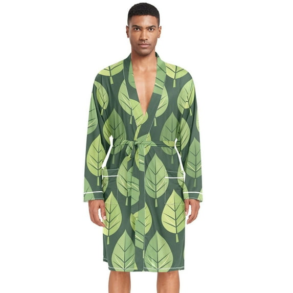 Dailycode Men Robe Lightweight Soft Bathrobes Kimono Nightgown Cartoon Green Leaves Row
