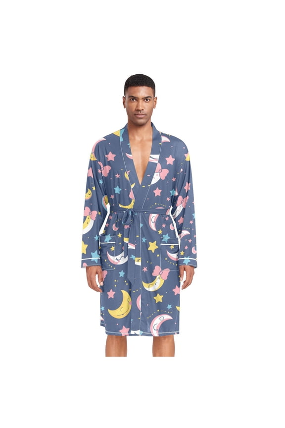 Men Robe Lightweight Soft Bathrobes Kimono Nightgown Cartoon Moon and Star
