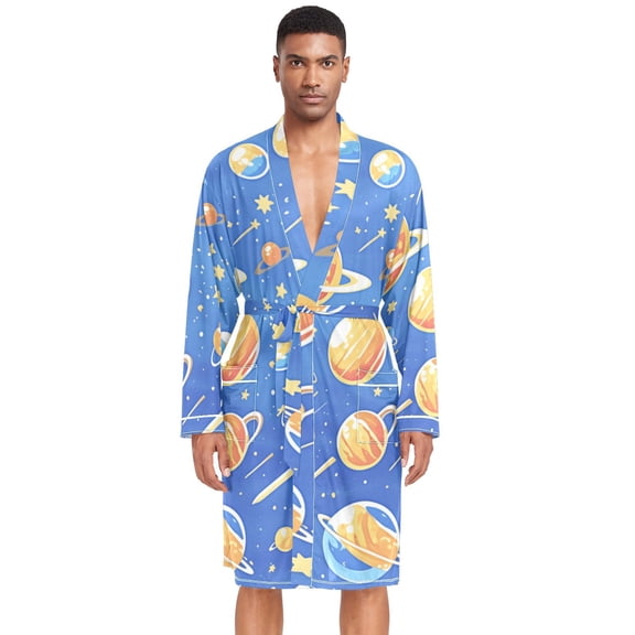 Dailycode Men Robe Lightweight Soft Bathrobes Kimono Nightgown Cartoon Planets and Shooting Stars