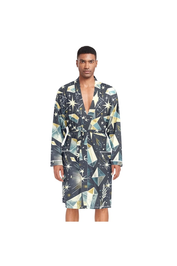 Men Robe Lightweight Soft Bathrobes Kimono Nightgown Celestial Stars Crystals