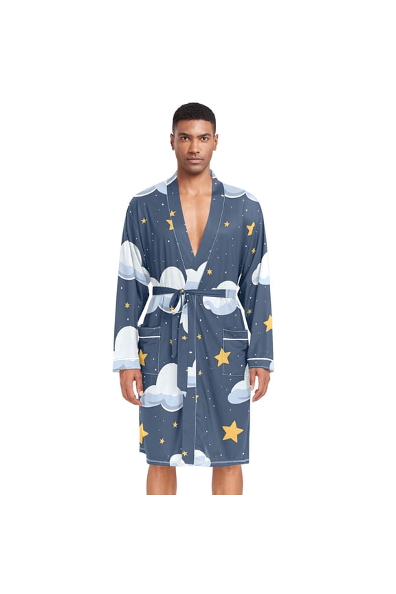 Men Robe Lightweight Soft Bathrobes Kimono Nightgown Clouds and Stars in Night