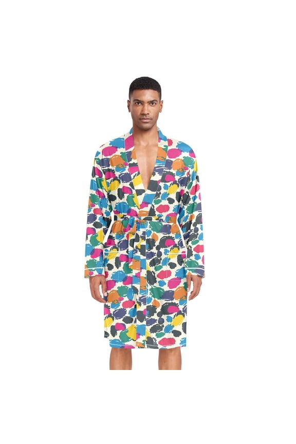 Men Robe Lightweight Soft Bathrobes Kimono Nightgown Colorful Brush Spots