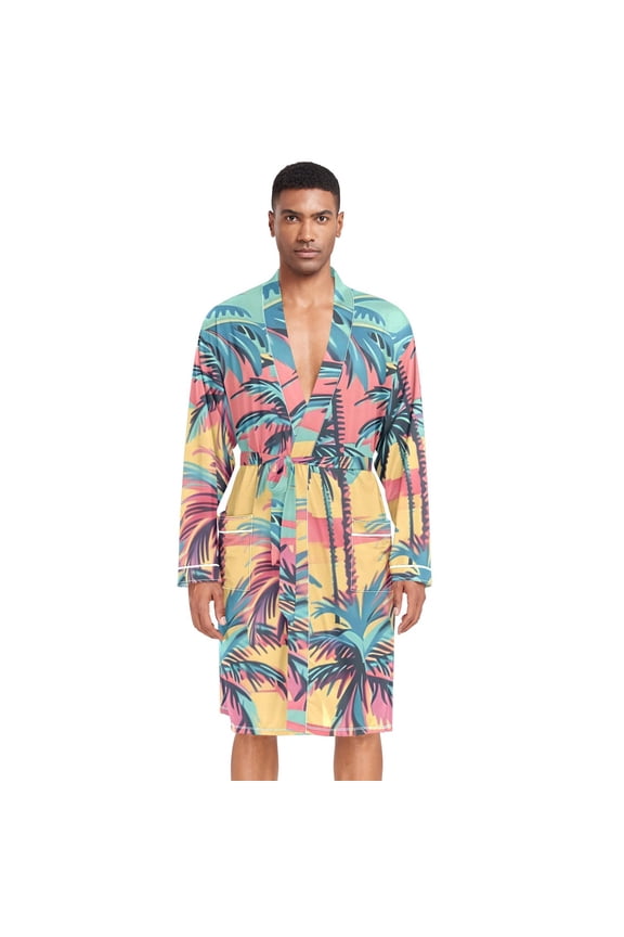 Men Robe Lightweight Soft Bathrobes Kimono Nightgown Colorful Palm Tree