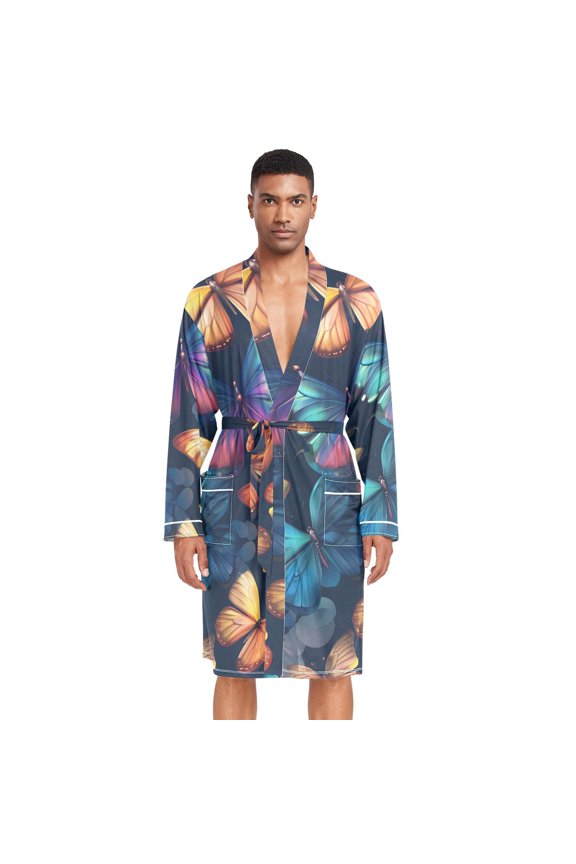 Men Robe Lightweight Soft Bathrobes Kimono Nightgown Colorful Shimmering Butterflies