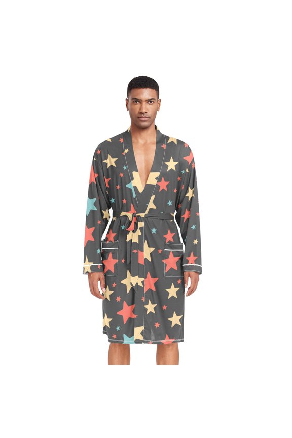 Men Robe Lightweight Soft Bathrobes Kimono Nightgown Colorful Stars