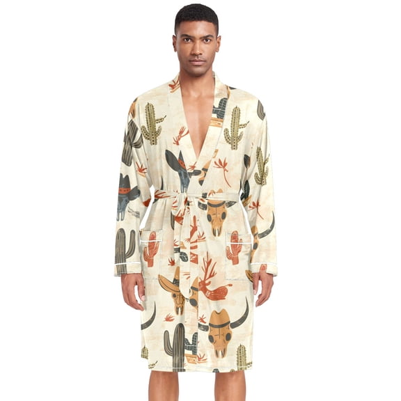Dailycode Men Robe Lightweight Soft Bathrobes Kimono Nightgown Cow Skull with Hat and Cactus