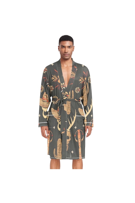 Men Robe Lightweight Soft Bathrobes Kimono Nightgown Cowboy Hat Cactus Cow Skull