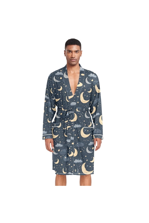 Men Robe Lightweight Soft Bathrobes Kimono Nightgown Crescent Moon Star Cloud