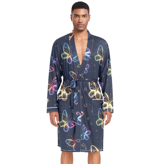 Dailycode Men Robe Lightweight Soft Bathrobes Kimono Nightgown Cute Neon Butterflies