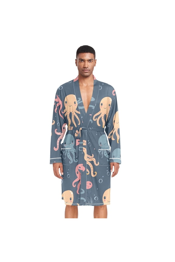 Men Robe Lightweight Soft Bathrobes Kimono Nightgown Cute Octopus